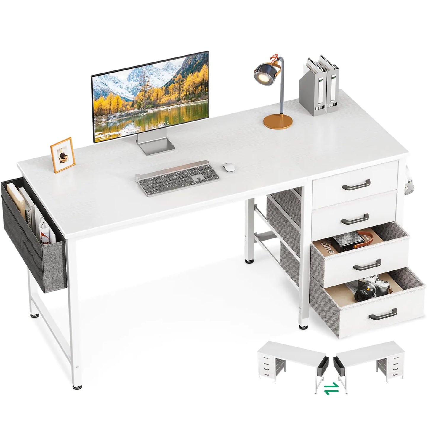 48-Inch Computer Desk with 4 Fabric Drawers — Home Office Desks with Storage Writing Desk with Side Hook and Cloth Bag Modern Study/Work Table for Bedroom and Small Space White