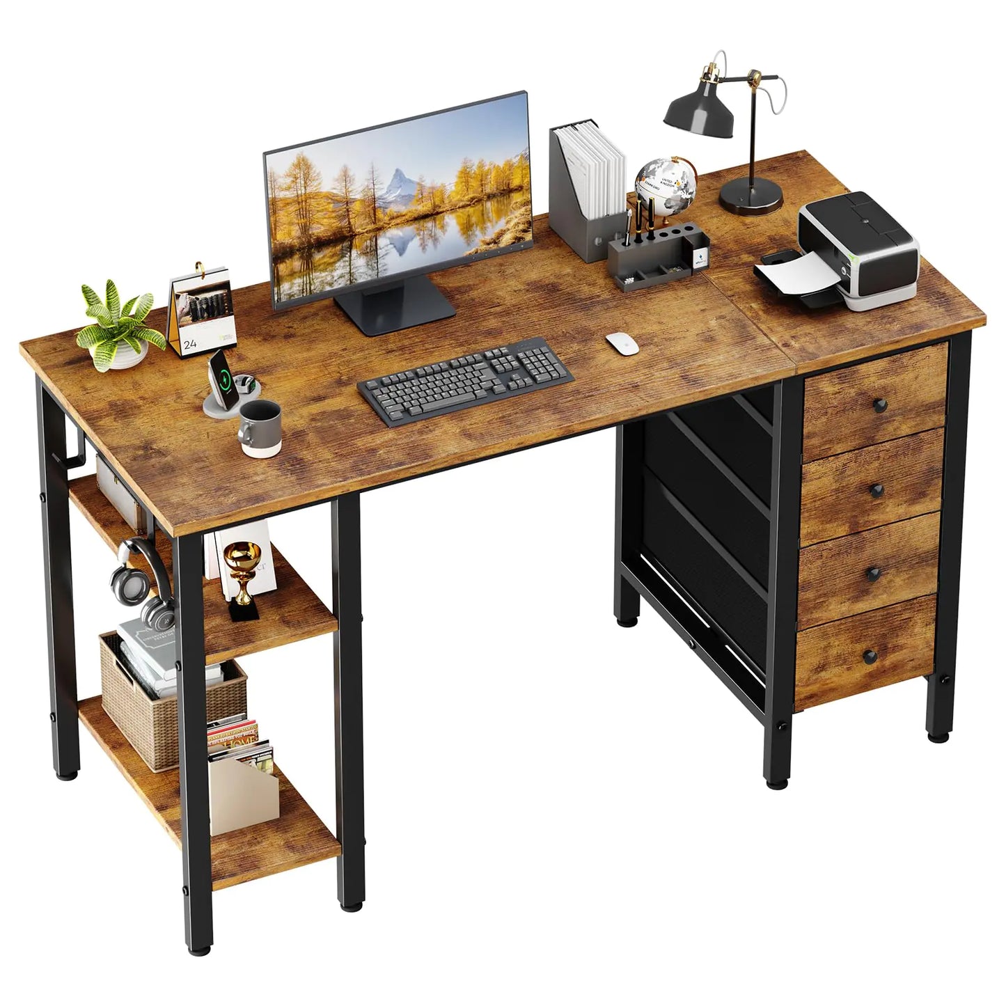 47 inch Desk with 4 Drawers & Storage Shelves Writing Work Study Computer Desk for Home Office Bedroom Modern Simple Student PC Desks Table Rustic Brown