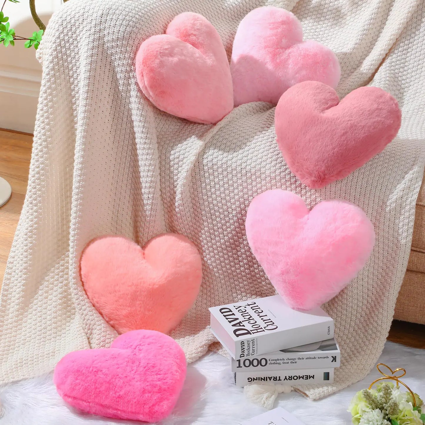 6 Pcs Faux Rabbit Fur Heart Pillow Valentines Day Fluffy Heart Throw Pillows Cute Couch Pillows Soft Throw Cushion Decorative Pillows for Bed Sofa Girls Women(12 x 11 InchPink Series)