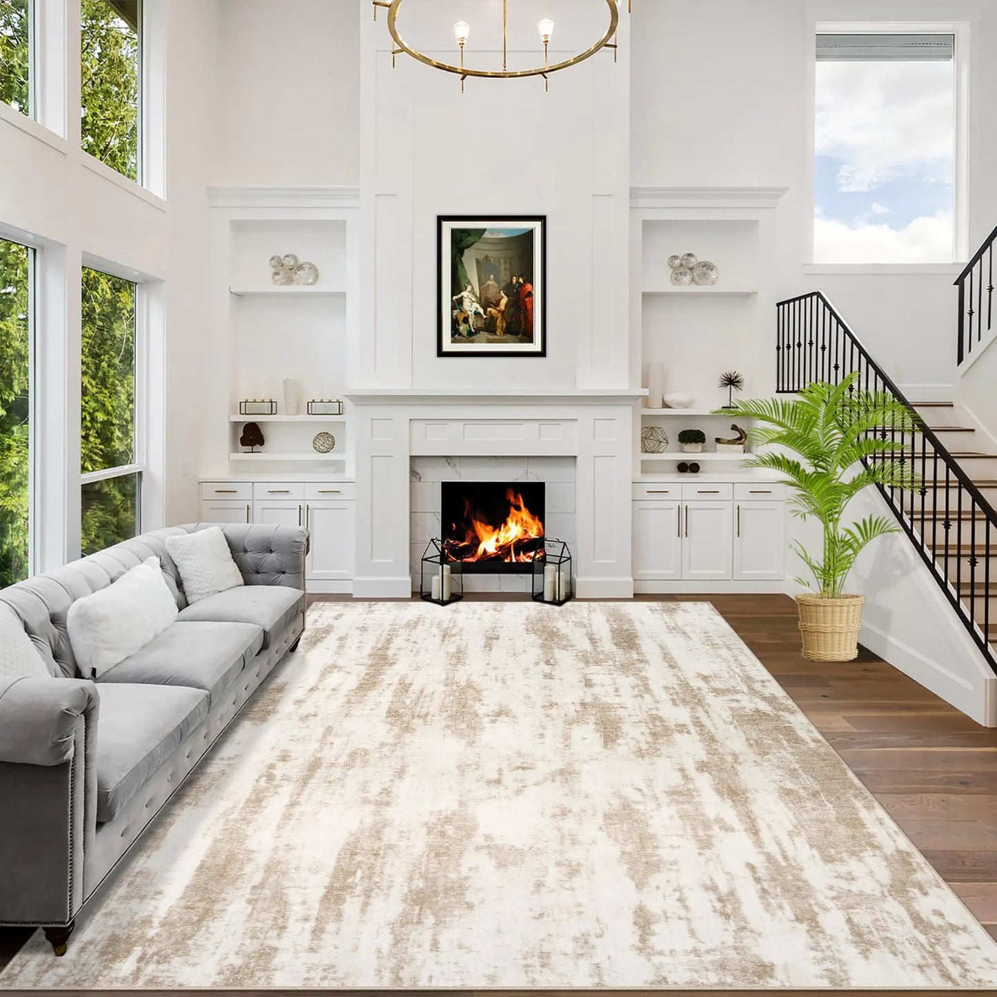 4x6 Area Rugs Washable Rug: Modern Abstract Living Room Rug Soft Anti-Skid Thin Carpet Indoor Floor Non-Shedding Carpets for Bedroom Dining Room Farmhouse Nursery Home Office - Brown Ivory