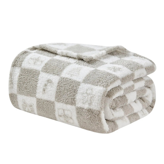 Checkered Throw Blanket Cozy Fluffy Knit Throw Blankets - Grey Super Soft Warm Throw Blankets for Couch Sofa Chair Bed Camping Picnic Travel Lightweight Bed Blanket (108" x 90")