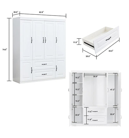 74" H White Solid Wood Freestanding Wardrobe Closet for Clothes Storage. Bedroom Wardrobe Storage Cabinet featuring 2 Hanging Rod Shelves, 2 Drawers, and 5 Storage Compartments