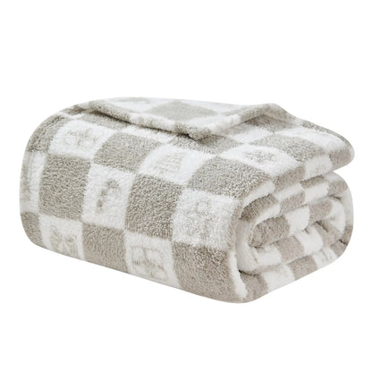 Checkered Throw Blanket Cozy Fluffy Knit Throw Blankets - Grey Super Soft Warm Throw Blankets for Couch Sofa Chair Bed Camping Picnic Travel Lightweight Bed Blanket (108" x 90")