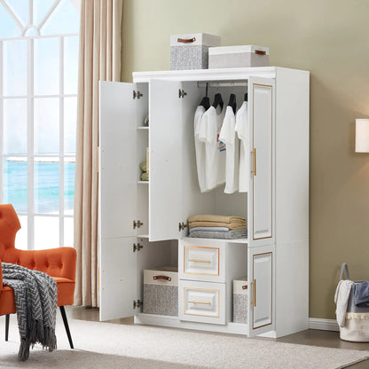 Wardrobe  74" H 3 Doors 2 Drawers White Bedroom Wardrobe Armoire Closet Freestanding Clothes Storage Armoire Organizer with Hanging Rod Shelves Clothes Cabinet for Bathrooms Clothes Storage