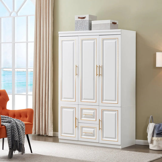 Wardrobe  74" H 3 Doors 2 Drawers White Bedroom Wardrobe Armoire Closet Freestanding Clothes Storage Armoire Organizer with Hanging Rod Shelves Clothes Cabinet for Bathrooms Clothes Storage