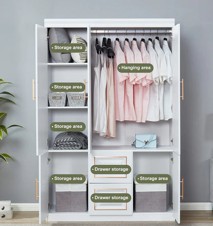 Wardrobe  74" H 3 Doors 2 Drawers White Bedroom Wardrobe Armoire Closet Freestanding Clothes Storage Armoire Organizer with Hanging Rod Shelves Clothes Cabinet for Bathrooms Clothes Storage
