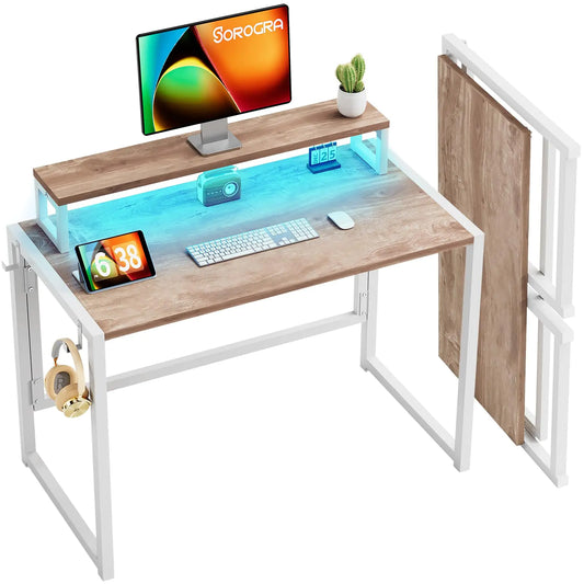 Small Folding Desk 39.4 Inch Foldable Computer Desks with LED Lights and Monitor Stand Work Portable Table for Bedroom Home Office Vintage Oak