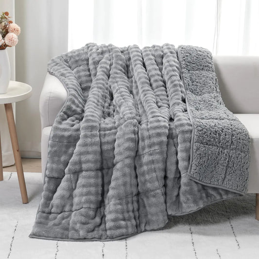 Bubble Weighted Blanket 20lbs for Queen Ded - Ultra Soft Cozy Comfort Sherpa Faux Fur Blanket for Relax and Sleep Heavy Bed Blankets with Cemaric Beads 60x80 Inches Grey
