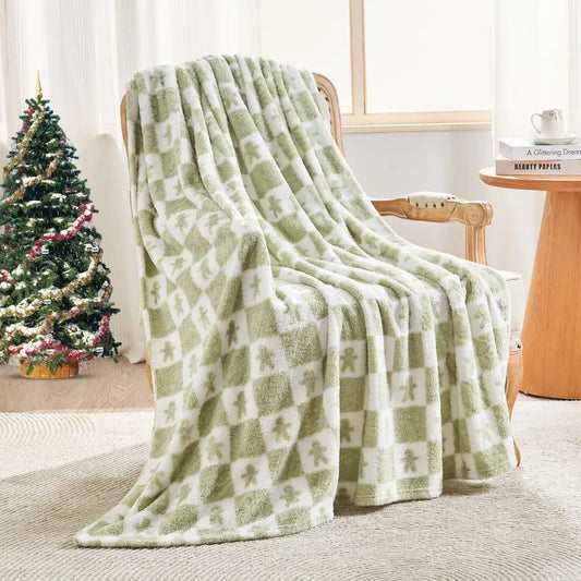 Checkered Throw Blanket Cozy Fluffy Knit Throw Blankets - Green Super Soft Warm Throw Blankets for Couch Sofa Chair Bed Camping Picnic Travel Lightweight Bed Blanket (108" x 90")