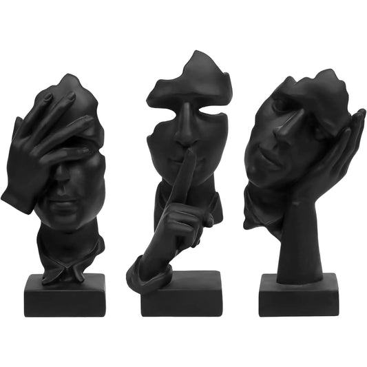 3 Pcs Thinker Statue Silence is Gold Abstract Art FigurineNo Hear No See No SpeakModern Resin Sculptures Decorative Objects Home Decor for Living RoomOffice BookshelfDesktop(Black)