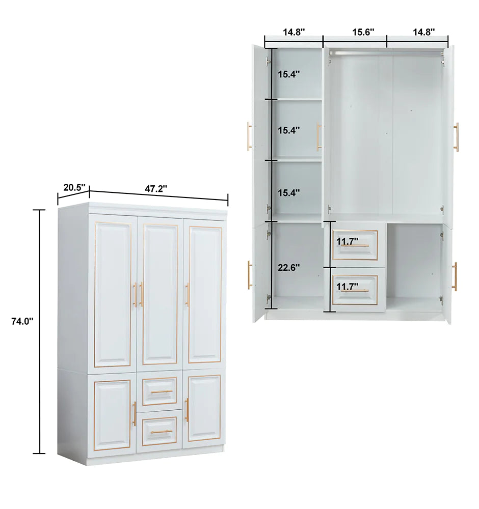 Wardrobe  74" H 3 Doors 2 Drawers White Bedroom Wardrobe Armoire Closet Freestanding Clothes Storage Armoire Organizer with Hanging Rod Shelves Clothes Cabinet for Bathrooms Clothes Storage
