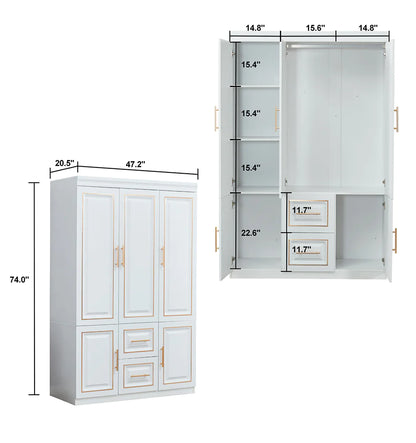 Wardrobe  74" H 3 Doors 2 Drawers White Bedroom Wardrobe Armoire Closet Freestanding Clothes Storage Armoire Organizer with Hanging Rod Shelves Clothes Cabinet for Bathrooms Clothes Storage