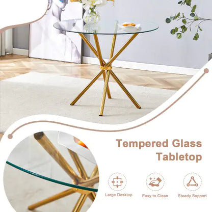 Round Clear Glass Dining Table With A Unique Shape For 4-6 People, Ring-shaped Gold Metal Legs, Suitable For Desks, Kitchens, Terraces, Dining Rooms. Unavailable Platforms- AliExpress
