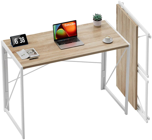 Small Folding Desk 39.4 inch No Assembly Required Computer Desks Spaces Saving Foldable Table for Bedroom Home Office Dorm Apartment Kids White Oak