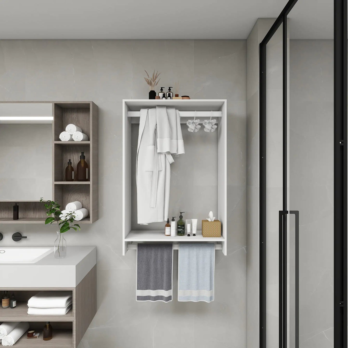 Modular Wooden Closet Organizer System with 2 Hanging Rods Shelves Wall Mount Shelving for Walk in Closet Bedroom and living room Organization Built in Clothes Storage White 31.49''W x 16.04''D x 47.24''H