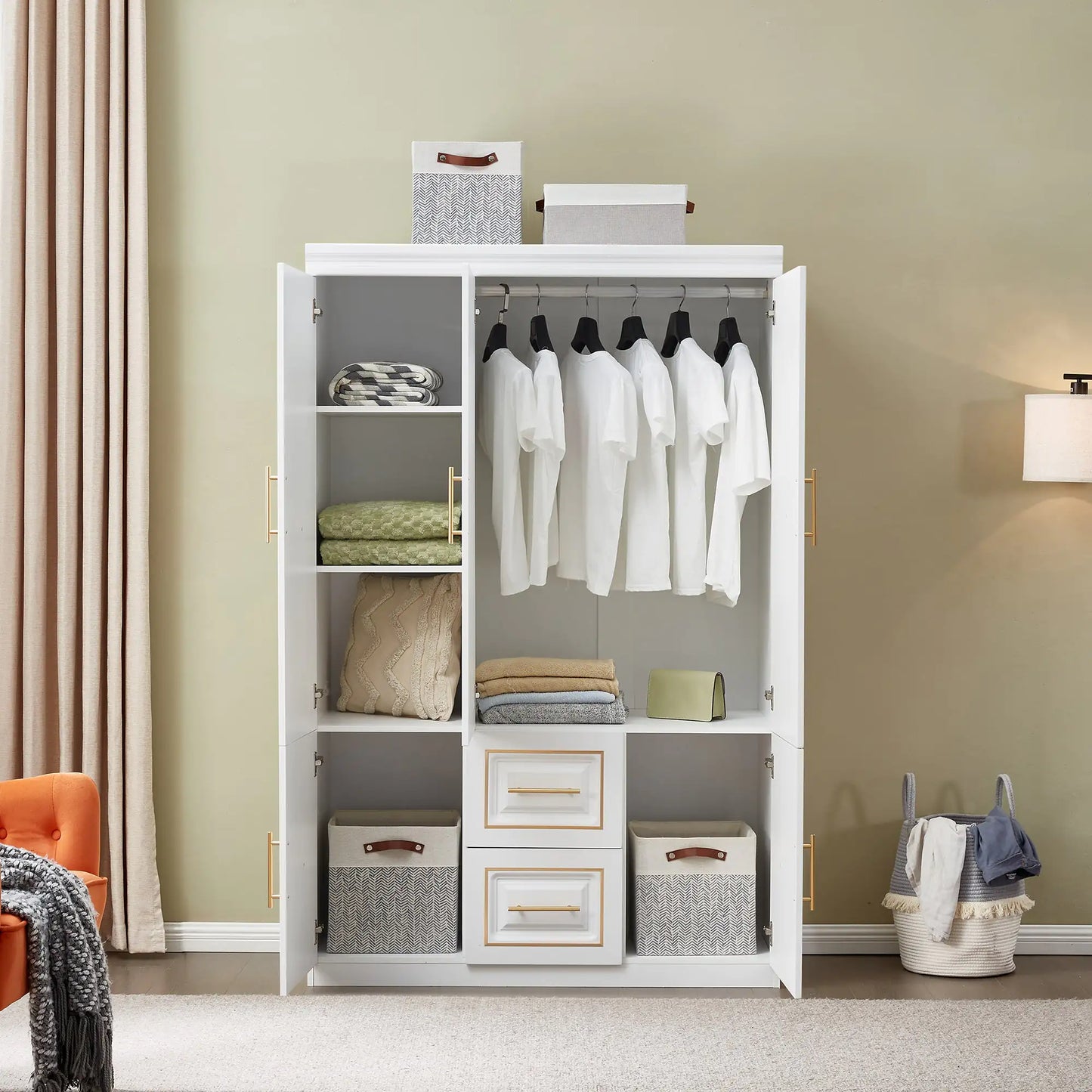 Wardrobe  74" H 3 Doors 2 Drawers White Bedroom Wardrobe Armoire Closet Freestanding Clothes Storage Armoire Organizer with Hanging Rod Shelves Clothes Cabinet for Bathrooms Clothes Storage