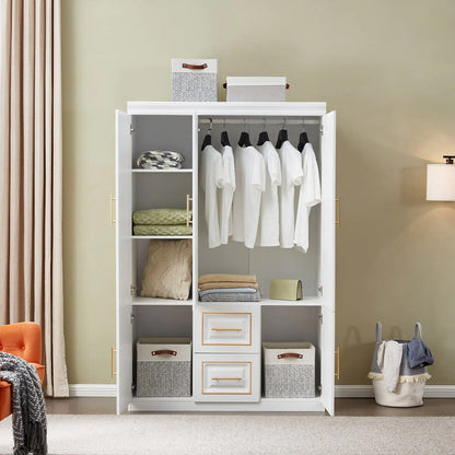 Wardrobe  74" H 3 Doors 2 Drawers White Bedroom Wardrobe Armoire Closet Freestanding Clothes Storage Armoire Organizer with Hanging Rod Shelves Clothes Cabinet for Bathrooms Clothes Storage