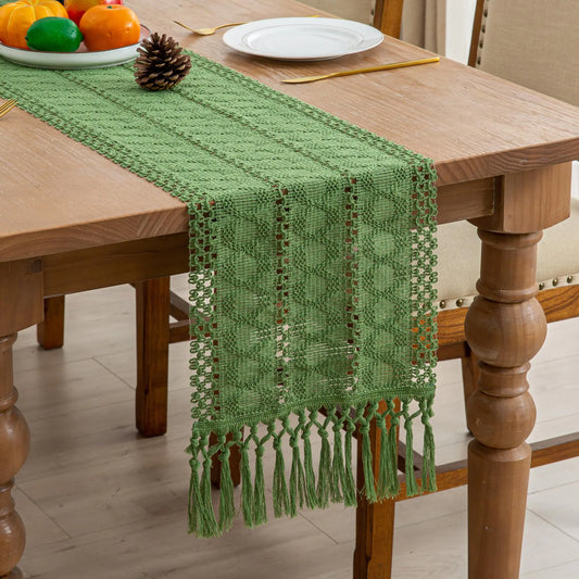 Table Runner Boho Style with Tassels Cotton & Linen Farmhouse Home Decor for Living Room Dresser Scarfs Home Decorate (12x72inch Green)