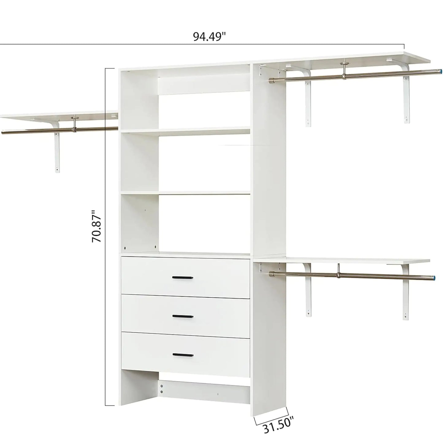 Closet Organizer System with Closet Shelves Wall Mounted, White Clothing Racks for Hanging Clothes, Clothes Organizer with Closet Drawers, Wooden Wardrobe Closet System with Hanging Rod
