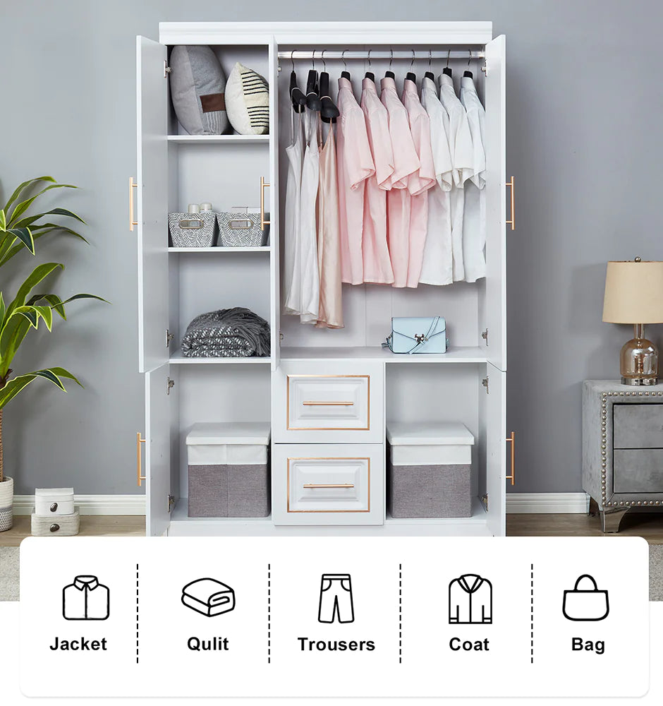 Wardrobe  74" H 3 Doors 2 Drawers White Bedroom Wardrobe Armoire Closet Freestanding Clothes Storage Armoire Organizer with Hanging Rod Shelves Clothes Cabinet for Bathrooms Clothes Storage