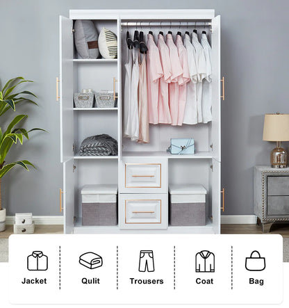 Wardrobe  74" H 3 Doors 2 Drawers White Bedroom Wardrobe Armoire Closet Freestanding Clothes Storage Armoire Organizer with Hanging Rod Shelves Clothes Cabinet for Bathrooms Clothes Storage