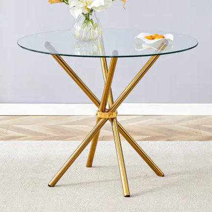 Round Clear Glass Dining Table With A Unique Shape For 4-6 People, Ring-shaped Gold Metal Legs, Suitable For Desks, Kitchens, Terraces, Dining Rooms. Unavailable Platforms- AliExpress