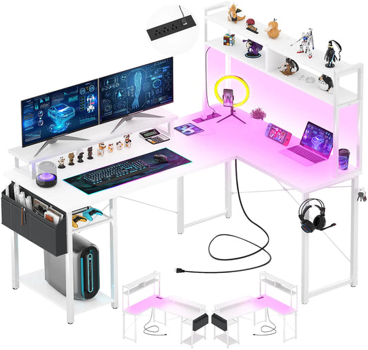 Small L Shaped Desk with Charging Port & LED Strip Reversible L-Shaped Gaming Desk Computer Desk with Monitor Stand & Storage Shelf Corner Desks Home Office Desk with Storage Bag White